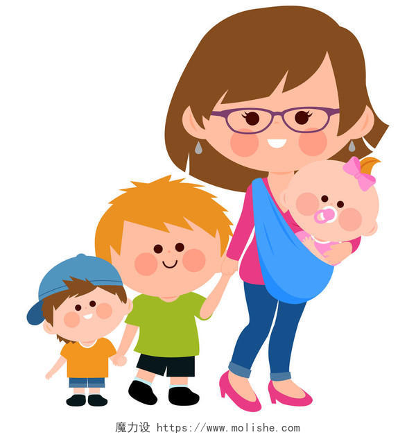温馨家庭母亲带着孩子散步人物插画